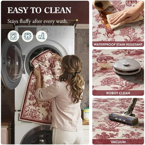 5x7 Area Rugs Red Delft Rug for Living Room, Washable Rug for Bedroom Dining Roo - Picture 3 of 8